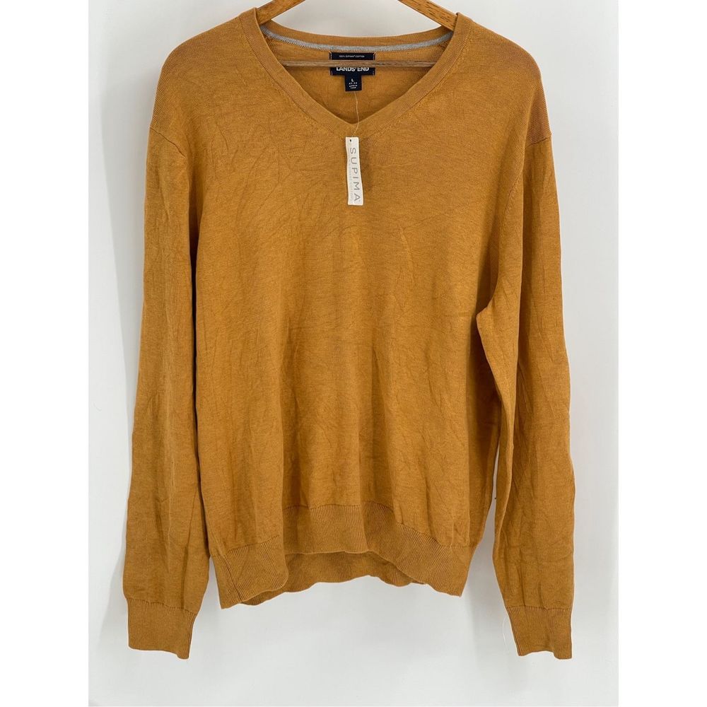 Lands End Sweater V Neck Supima‎ Cotton Men's Size Large Yellow Orange